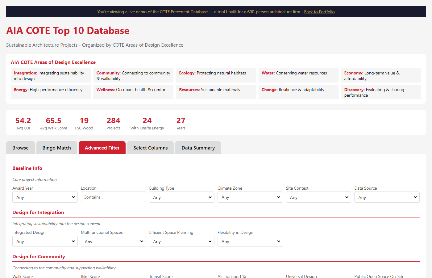 COTE Precedent Database interface showing 284 sustainable architecture projects