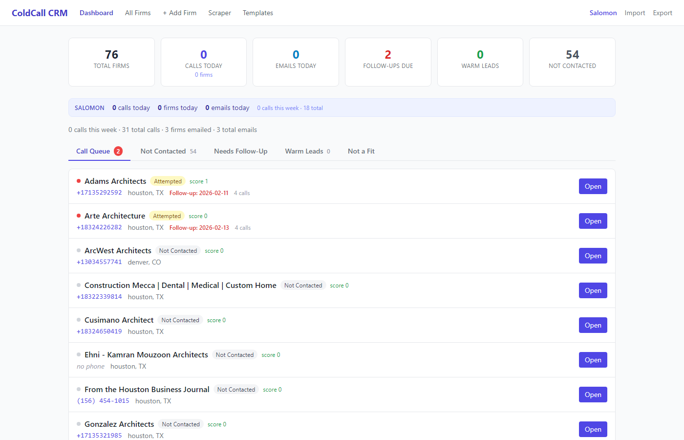 Cold Outreach CRM dashboard showing firm pipeline and call queue