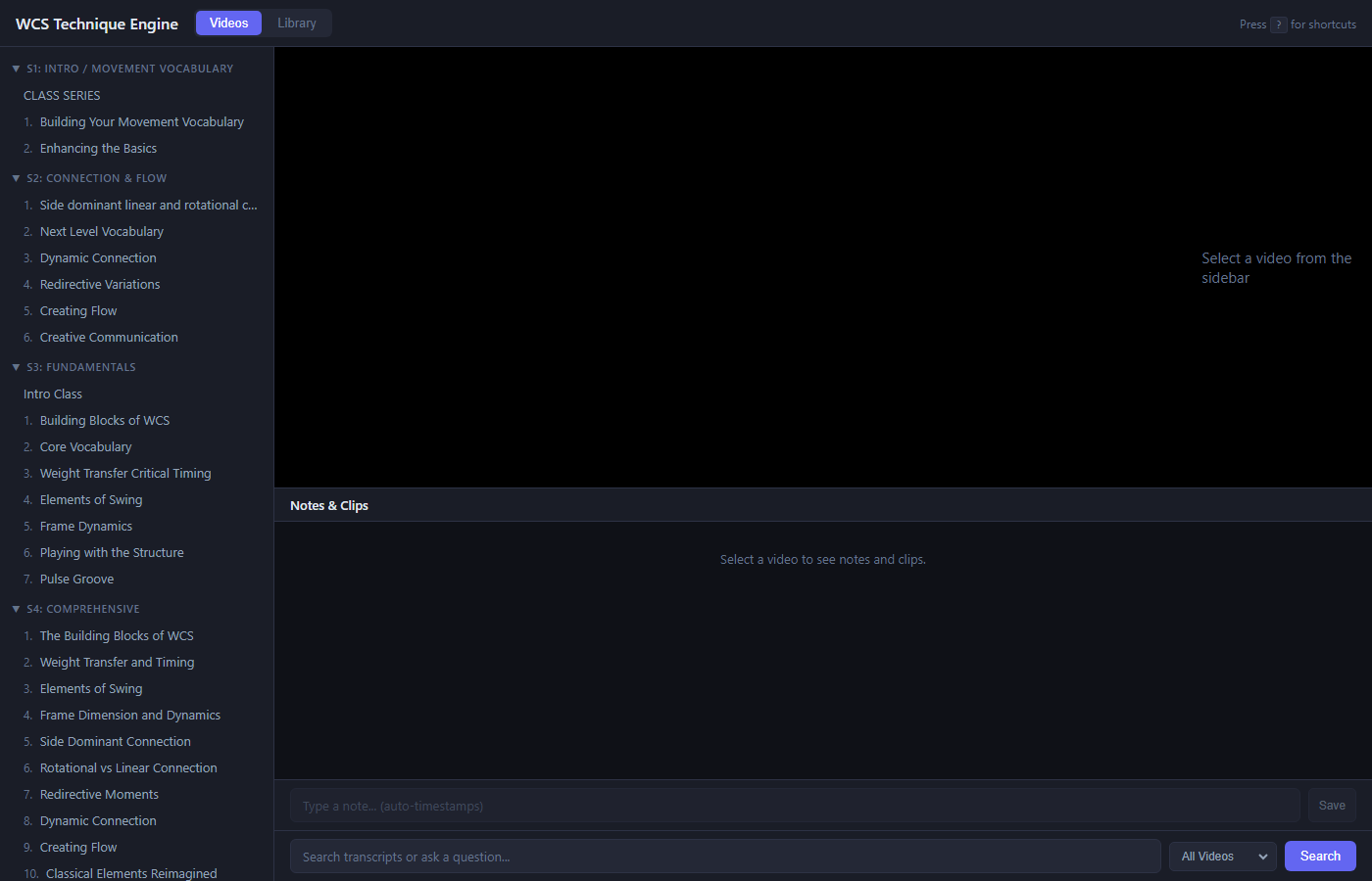 Video Knowledge Engine interface with semantic search and transcript browser